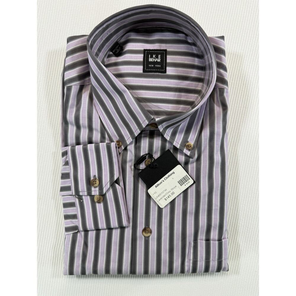 Ike Behar New York Button Down Dress Shirt L Lavender Gray Stripe NWT